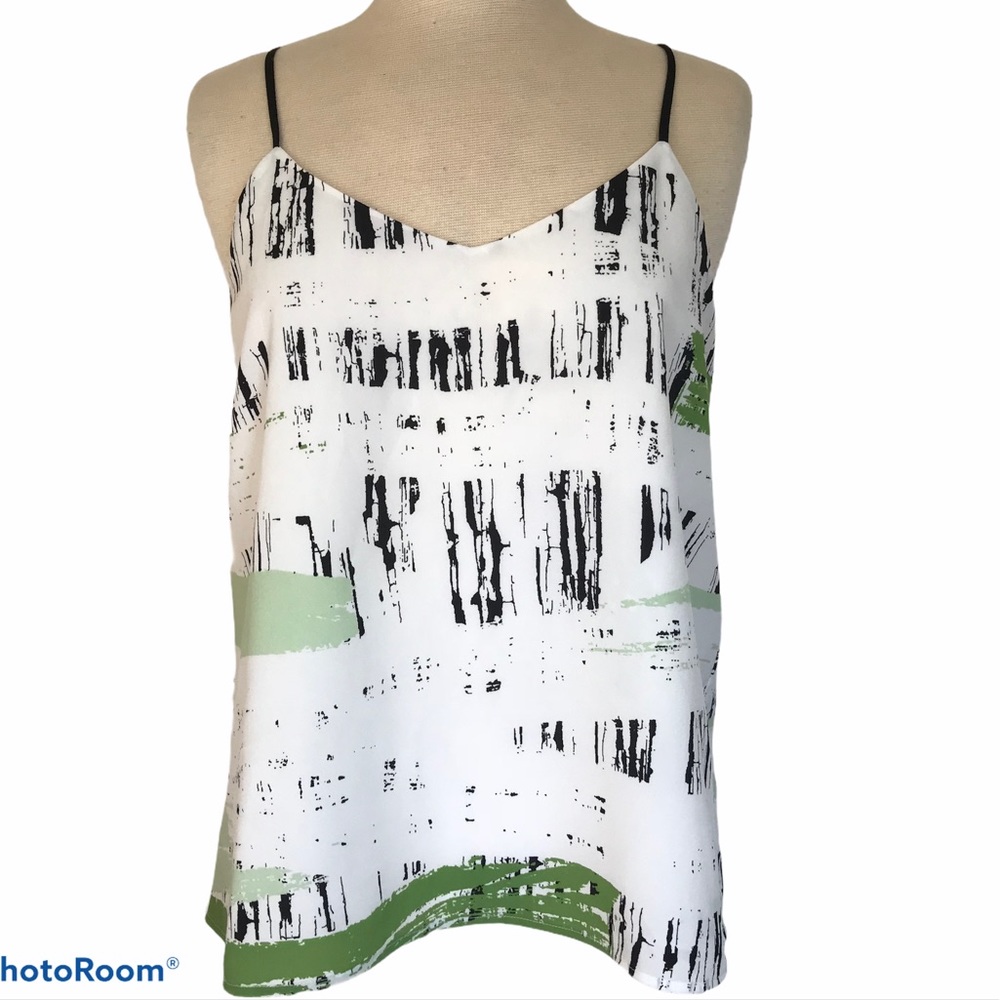 Kenar White Black Green Print Flowy Silky Tank Top